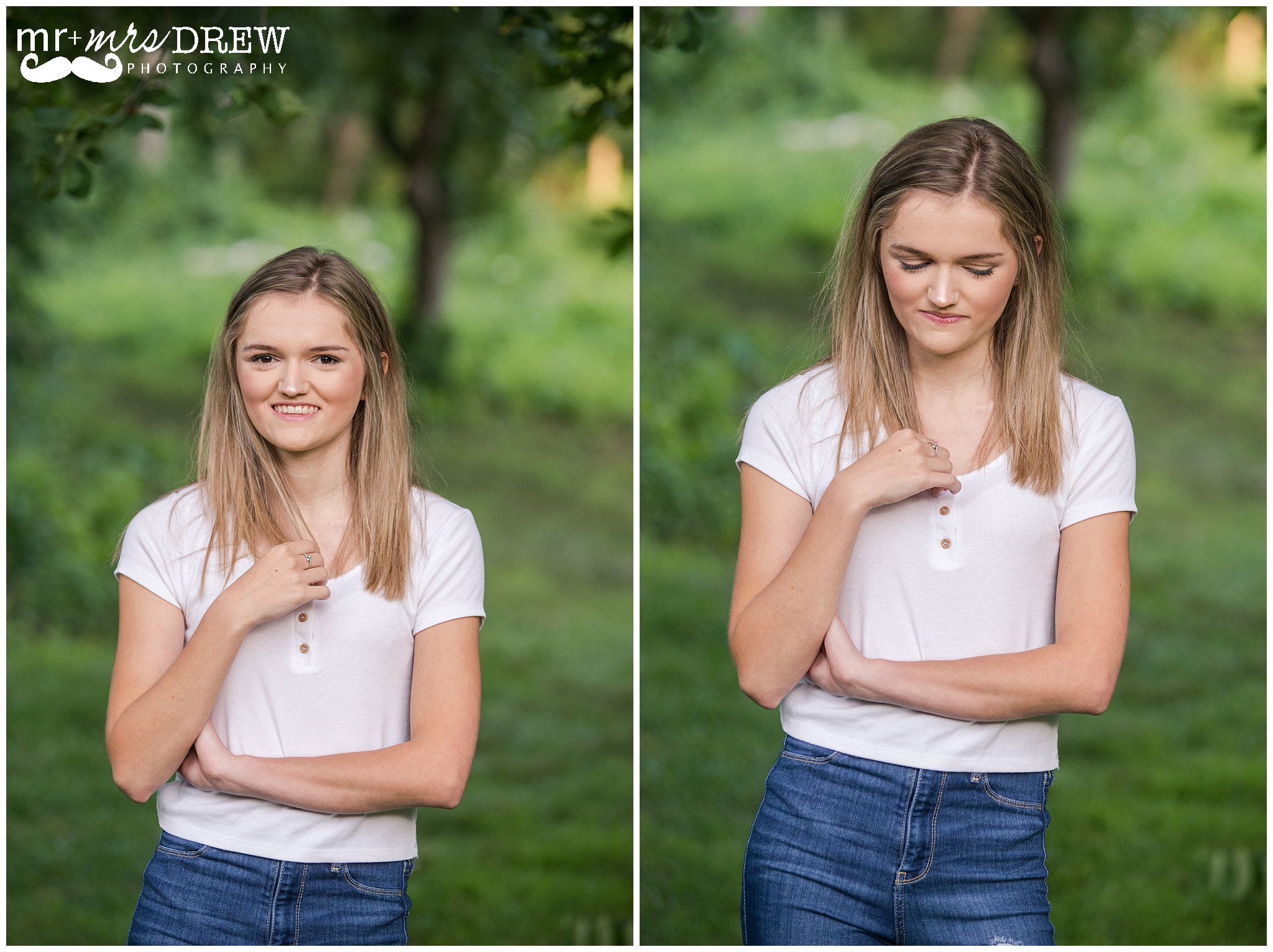 Senior Portrait of girl in white t-shirt playing with her hair looking at the camera
