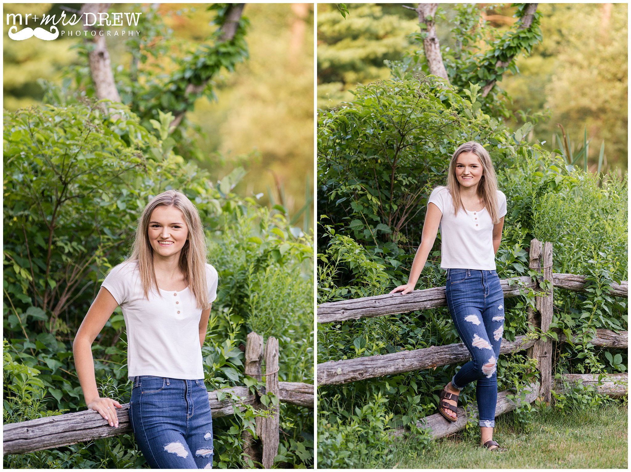 Senior Portrait of girl in white t-shirt and ripped jeans leaning on wooden fence. 