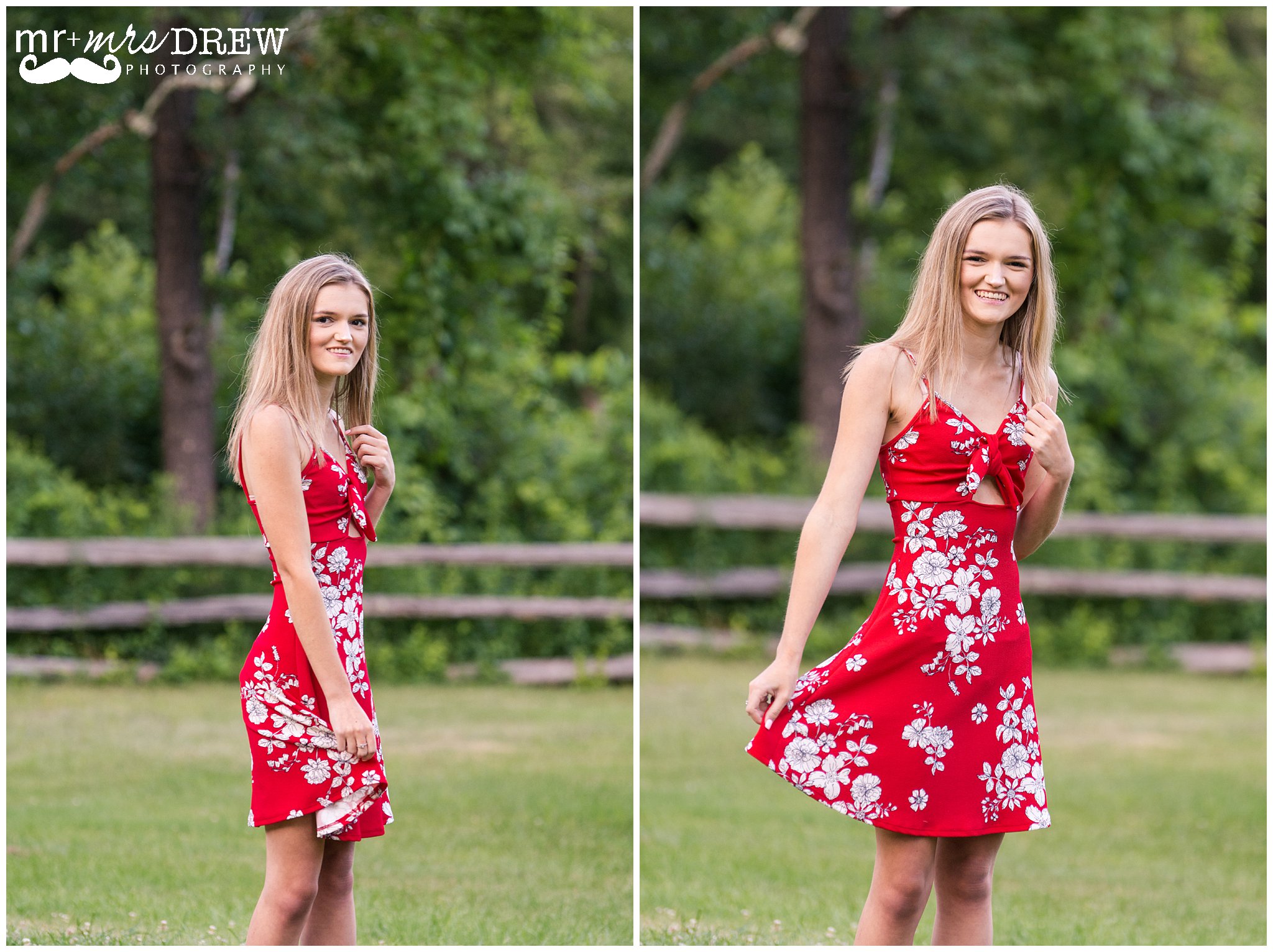 Senior Portrait of girl in Red floral dress holding on her dress and twirling.