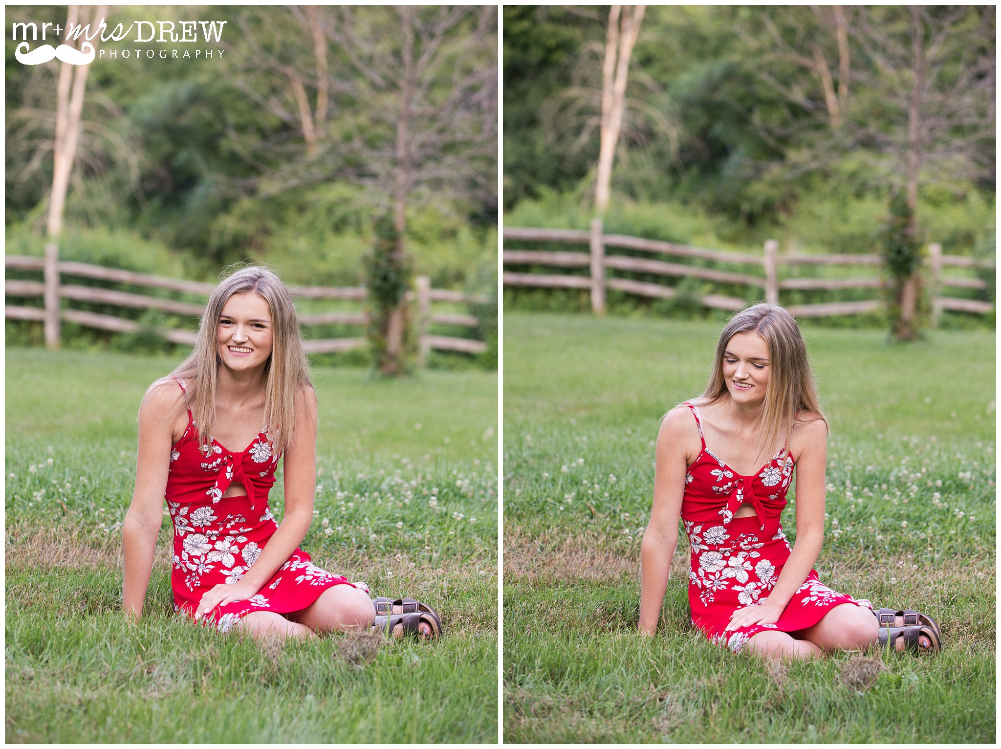 Senior Portrait of girl in Red floral dress sitting in the grass. 