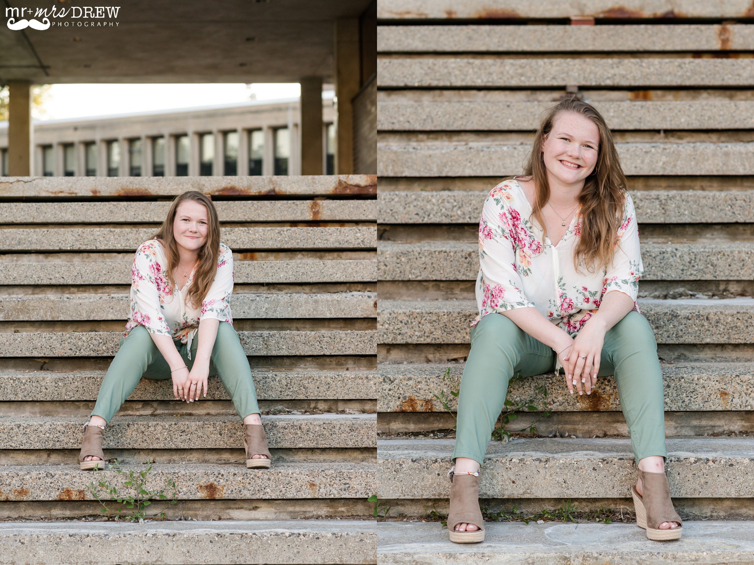 Senior Portraits Downtown Lowell - Meredyth is posing sitting on the stairs.