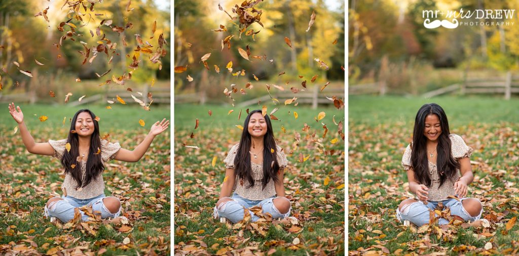 Throwing fall leaves during senior portraits, Chelmsford MA