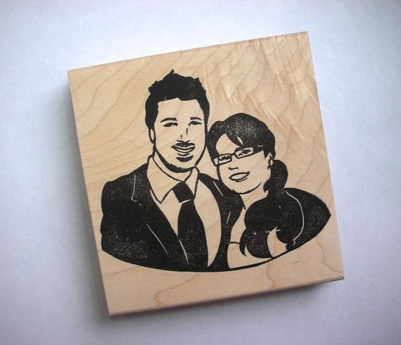 Couple portrait hand carved rubber stamp