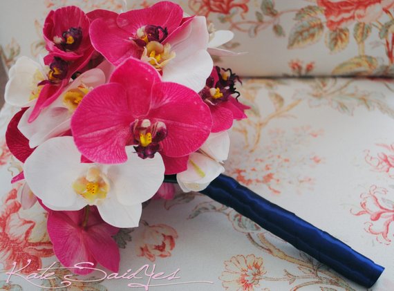 Fuchsia, Ivory and Navy Blue Real Touch Orchid Bouquet