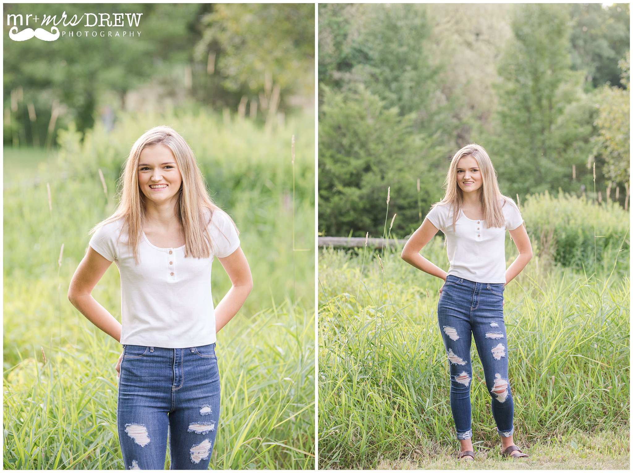 Senior Portrait of girl in white t-shirt & ripped jeans with hands on hip.