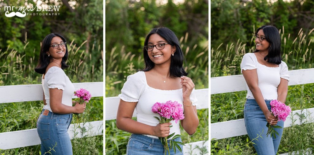 Senior Photos with peonies in Chelmsford MA for Alvirne High School