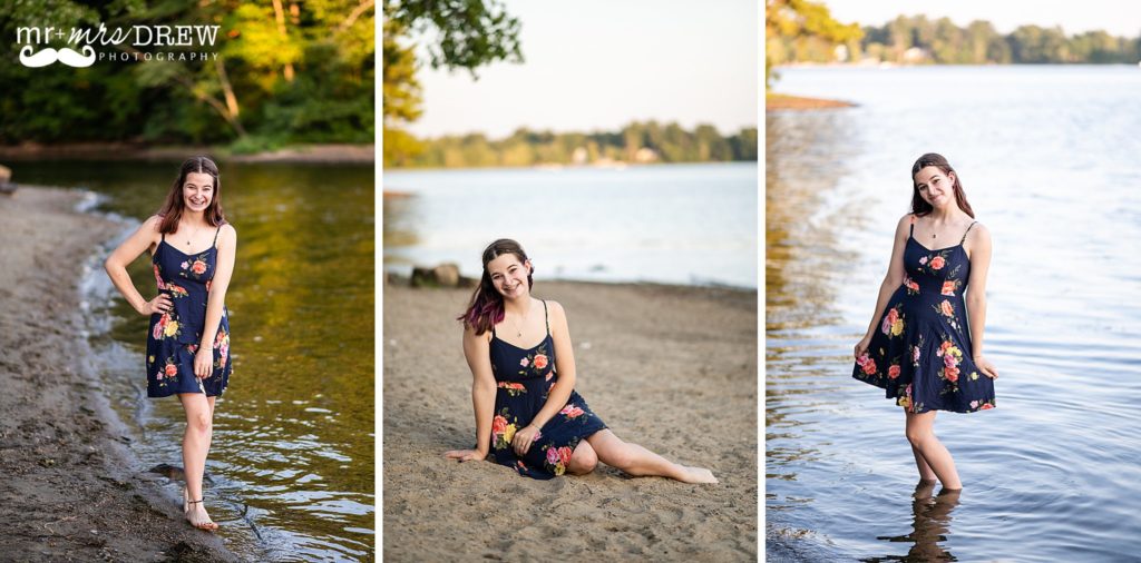 Senior photos posed along water at Forge Pond, Westford. 