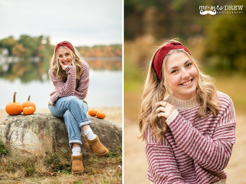 Tyngsboro High senior sitting with tiny pumpkins around at Heart Pond in Chelmsford