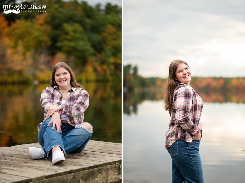 Chelmsford High Senior sitting on dock at Heart Pond during the fall. 