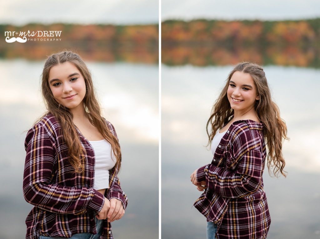 Chelmsford High Senior wearing a burgundy flannel smiling at Heart Pond
