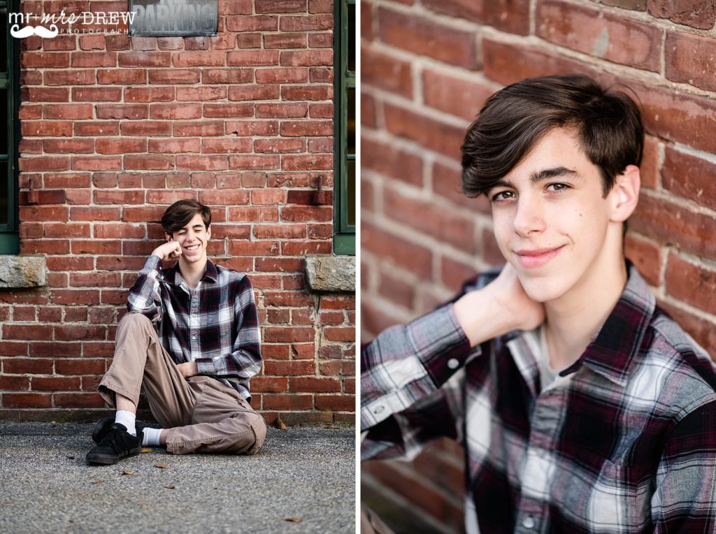 Senior guy portraits in Chelmsford MA with a brick background