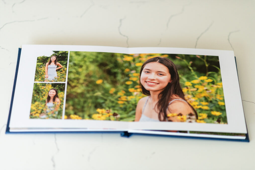 2 page spread of a senior portrait album featuring images with yellow flowers. 