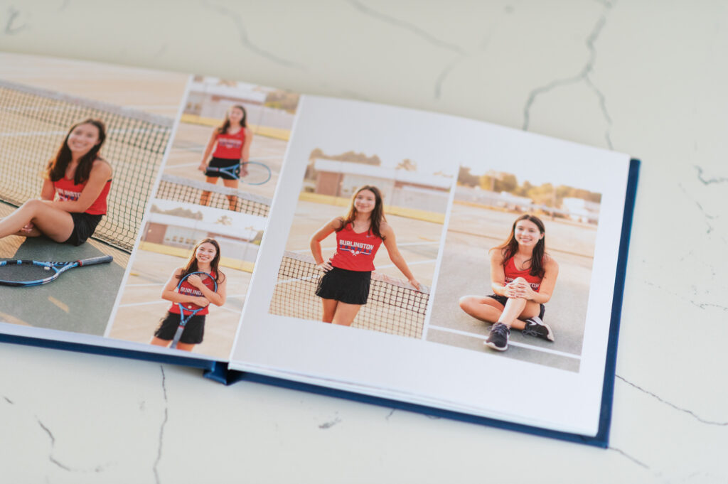 Senior portrait album featuring photos taken on a tennis court. 