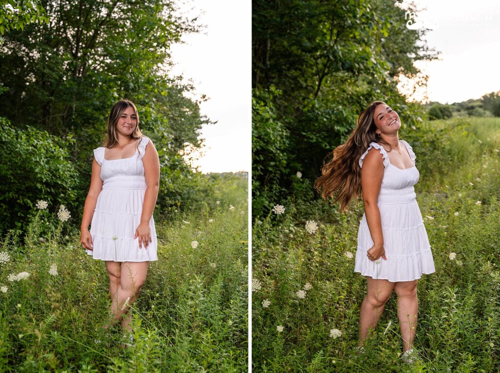 Senior portraits in a white dress with white flowers.