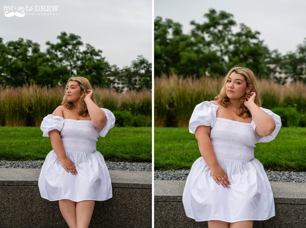 Outdoor senior portrait at Fan Pier Park in Boston wearing a white dress.