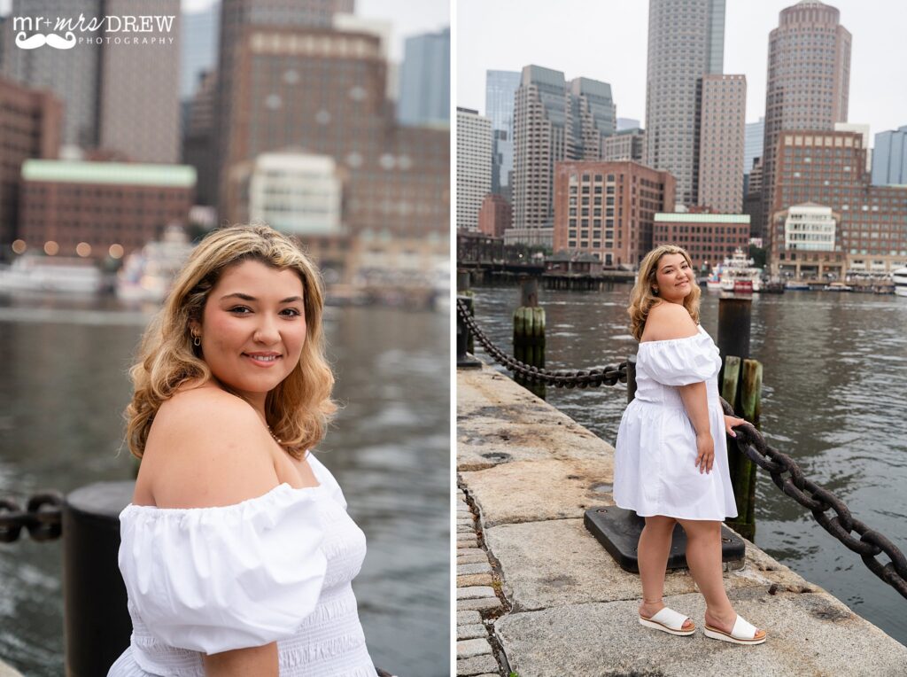 Boston Fan Pier Park senior portraits featuring a high school senior in Boston's Seaport District overlooking Boston Harbor.